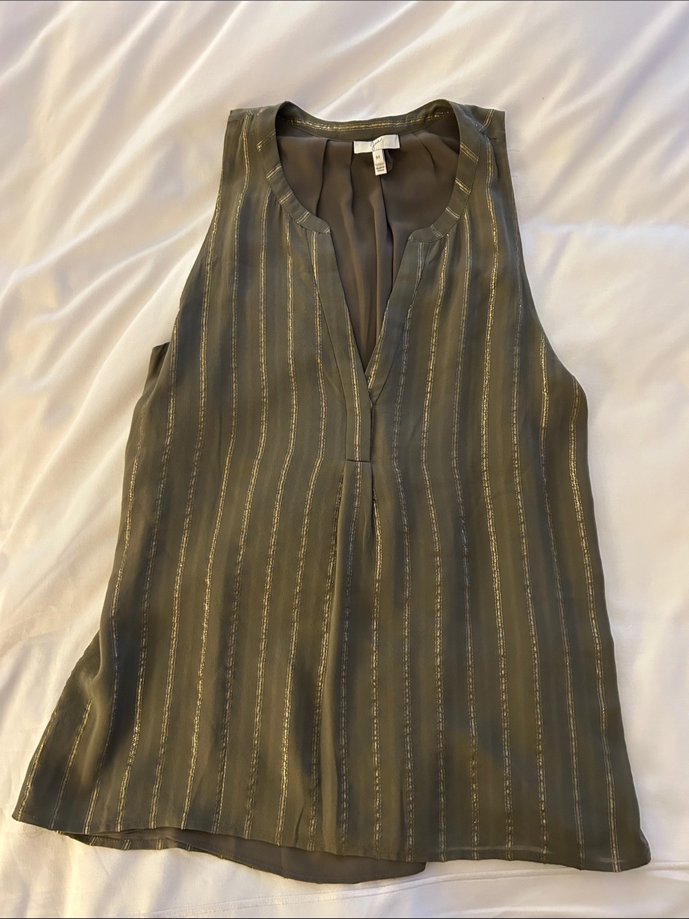 Joie Olive Green Metallic Stripe Sleeveless V-Neck Silk Shirt